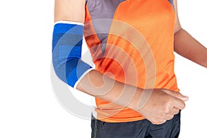 Women wearing orange exercise tops and blue elbow support cloths.