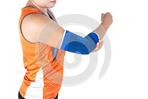 Women wearing orange exercise tops and blue elbow support cloths.