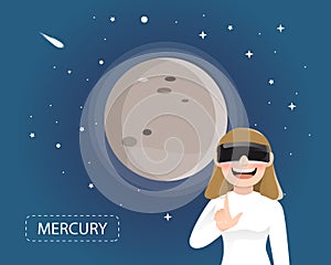 Women wearing virtual reality glasses looking mercury in universe concept