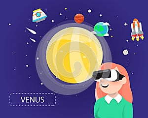 Women wearing virtual reality glasses looking venus in universe