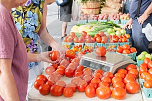 Women weighing fresh tomatoes for purchase at the market.