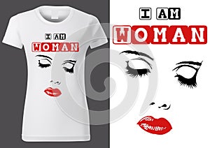 Women White T-shirt Design with Inscription I AM WOMAN