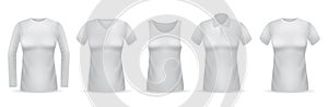 Women white t-shirts. Female clothes mockups realistic collection, different types of blouses long and short sleeves
