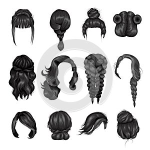 Women Wigs Hairstyle Back Icons Set