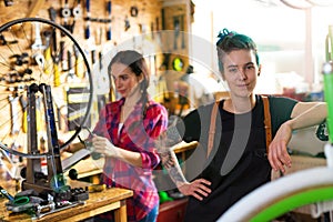 Women working in a bicycle repair shop