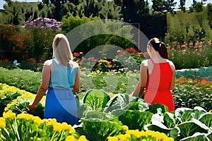 Women working and gardening in their backyard garden