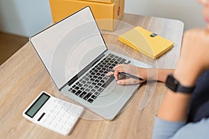 Women working with a laptop in living room on white screen