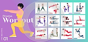 Women Workout Set. Women doing fitness and yoga exercises. Lunges, Pushups, Squats, Dumbbell rows, Burpees, Side planks, Situ ps