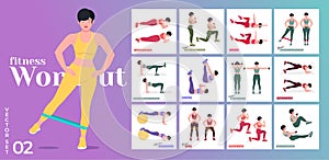 Women Workout Set. Women doing fitness and yoga exercises. Lunges, Pushups, Squats, Dumbbell rows, Burpees, Side planks, Situ ps,