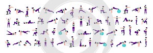 Women Workout Set. women exercise vector set. Women doing fitness and yoga exercises. Lunges, Pushups, Squats, Dumbbell rows, Burp