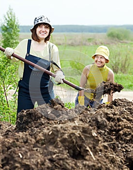 Women works with animal manure