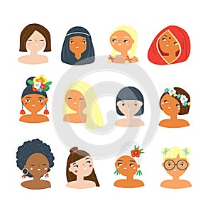 Women of the world. Female of different nationalities, ethnicity and religions. Global Girls faces avatars vector collection.