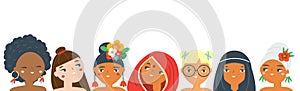 Women of the world. Female of different nationalities, ethnicity and religions. Global Girls faces avatars vector collection.