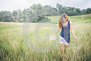 Women write notes Nature trails, mountains, forests. Writer. Asian women