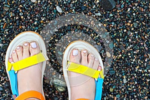 Women& x27;s feet in colorful sandals on the beach