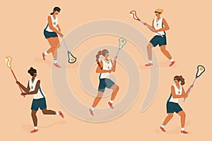 Women's lacrosse players control the ball, characters vector set. Female lacrosse players isolated figures with ball