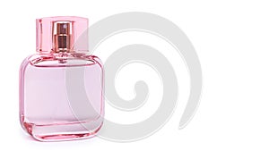women& x27;s perfume in beautiful pink bottle isolated on white background, luxury smell, crystall glass. copy space, template