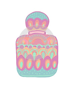 Women's perfume bottle decorated in ethnic style with geometric patterns. Isolated vector illustration