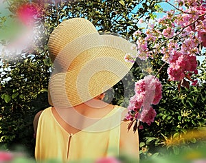 Women in yellow dress and straw summer hat and pink flowers blosson branch and green bush nature landscape vacation leisure