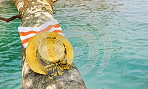 Women yellow hat and bag on tree with sea background