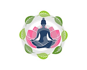 Women yoga with lotus flower and circular nature leaf