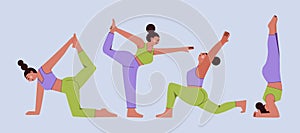 Women in yoga poses. Cartoon flat female characters doing fitness workout, sport healthy lifestyle. Vector illustration