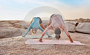 Women, yoga or stretching on beach mat for relax training, workout or exercise for healthcare wellness, muscle relief or