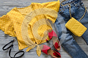 Womens clothing, accessories, shoes yellow blouse in polka dot,