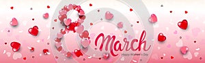 womens day 8 march holiday celebration banner flyer or greeting card with hearts horizontal