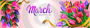 womens day 8 march holiday celebration lettering banner flyer or greeting card with flower bouquets