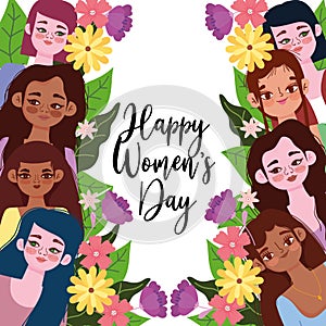 Womens Day beautiful group girls flowers frame decoration card