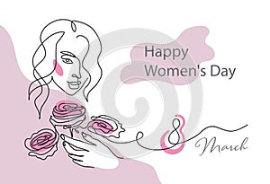 Womens Day card with face line art and roses. March 8 holiday invitation banner, one continuous line drawing portrait