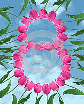 Womens Day card with tulips and sky