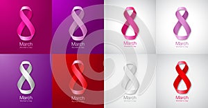 Womens Day Design of greeting card templates. March 8. International Women`s day Realistic symbol of colorful ribbon