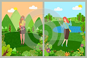 Womens Day, Female with Flower in Park Vector