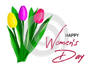 Womens day Greeting Card with bouquet of hand drawn tulips flowers with green leaves and calligraphic lettering Happy