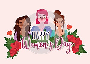 Womens Day hand drawn text and girls with flwoers decoration