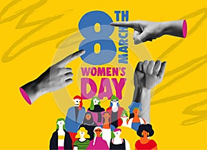 Womens Day together and hands in retro collage vector illustration