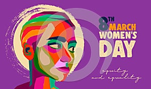 Womens Day young woman face in colorful collage design card photo