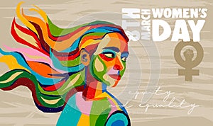 Womens Day young woman face with long hair in colorful collage card