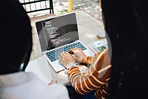 Womens developer programming pointing coding technology. Website design Safety on computer laptop of the social world Cyberspace