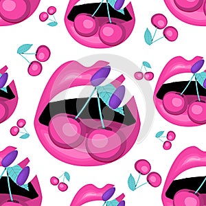 Womens enjoying  fresh cherries. Open mouth, pink lips, eating berry. flat vector illustration