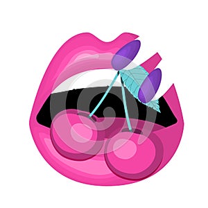 Womens enjoying  fresh cherries. Open mouth, pink lips, eating berry. flat vector illustration