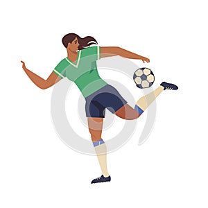 Womens European football soccer player flat vector illustration.