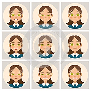 Womens faces. Womans face with different emotions. Vector