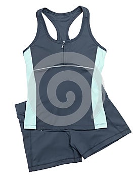 Womens fitness outfit gray shirt and shorts