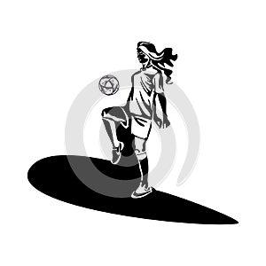 Womens football. A woman plays football, kicks the ball. Vector silhouette