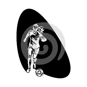 Womens football. A woman plays football, kicks the ball. Vector silhouette