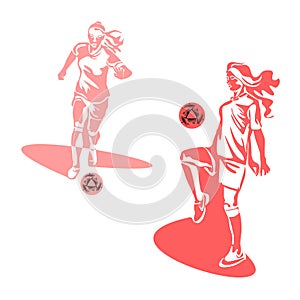 Womens football. Women plays football, kicks the ball. Vector silhouette