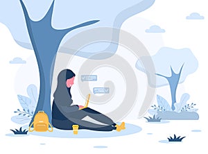 Womens freelance. Arabian girl in hijab with laptop sitting in park under tree. Concept illustration for working